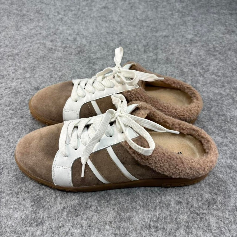 Women Vaneli brown suede mules with white laces size 9